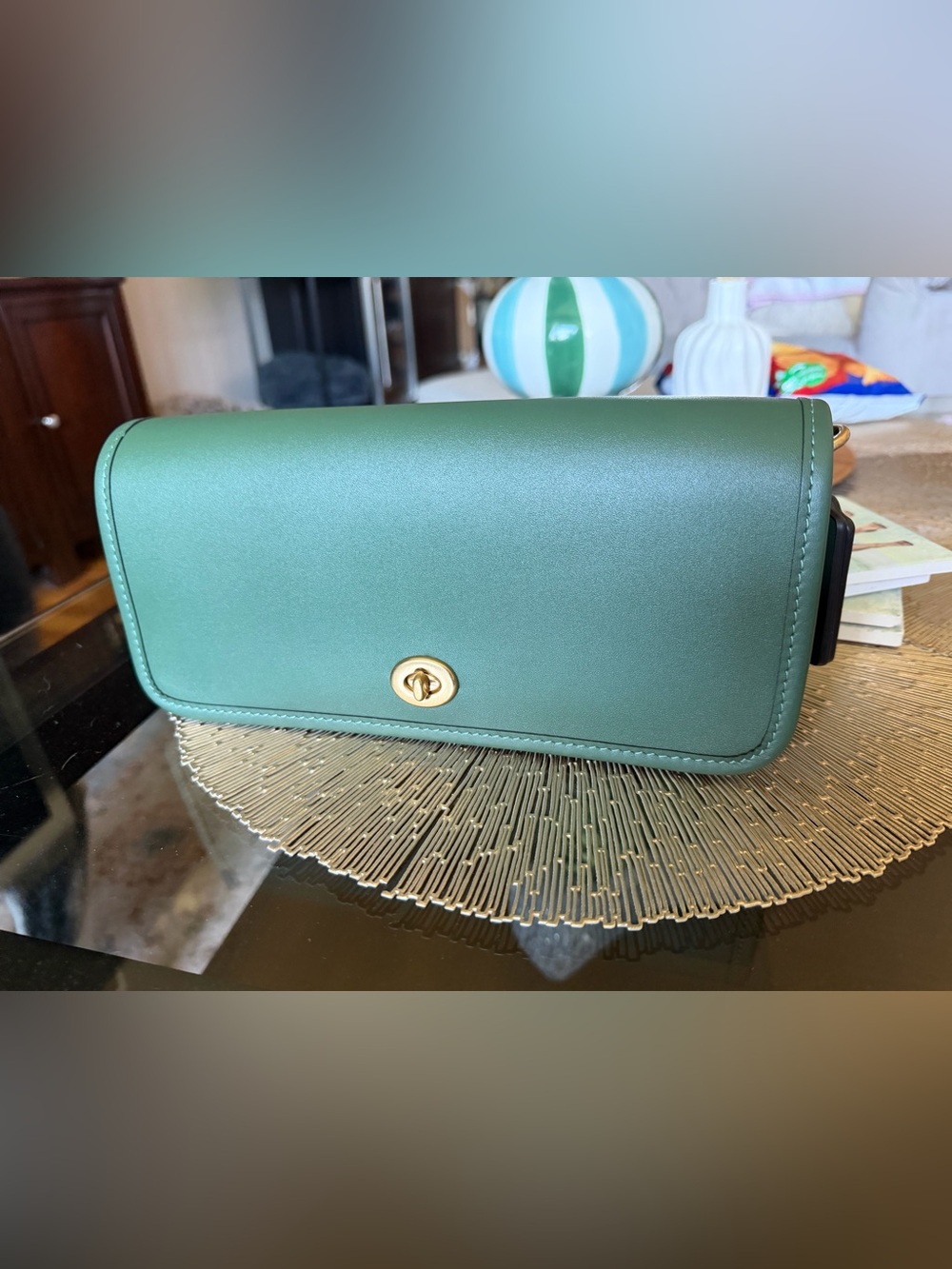 Coach Dinky Hunter Green Leather Turnlock Shoulder Bag with Gold Hardware